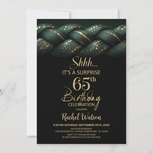 Green Gold Braid Surprise 65th Birthday Party 招待状 (正面)