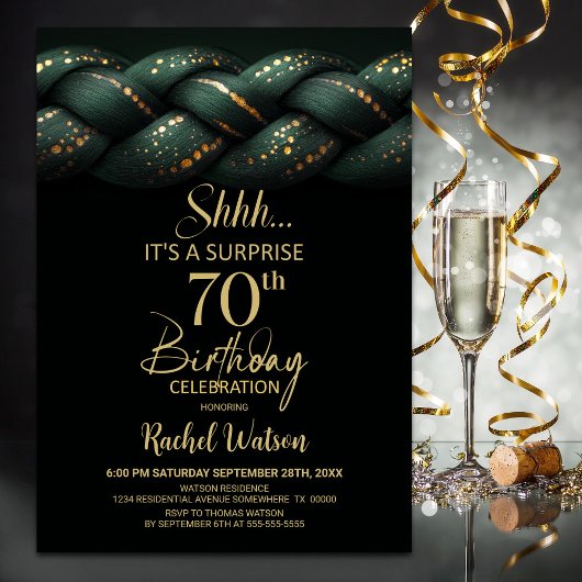 Green Gold Braid Surprise 70th Birthday Party 招待状