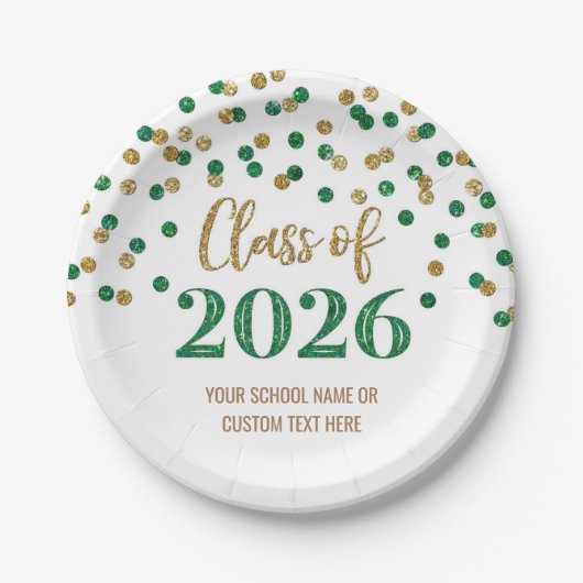 Green Gold Confetti Graduation 2026 ペーパープレート (正面)