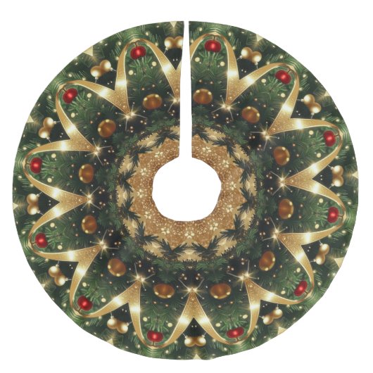 Green Gold Decorative Christmas Tree Skirt ブラッシュドポリエステルツリースカート (正面)
