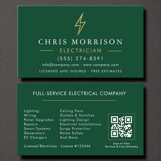 Green Gold Electrician QR Code Modern 名刺