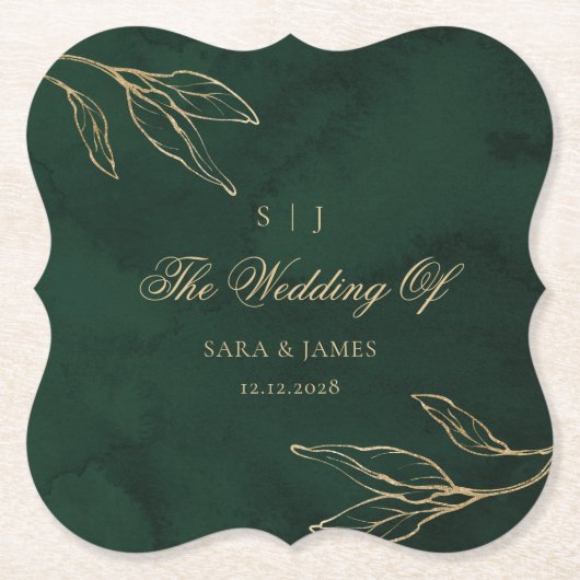 Green Gold Emerald Botanical Enchanted Wedding ペーパーコースター (正面)