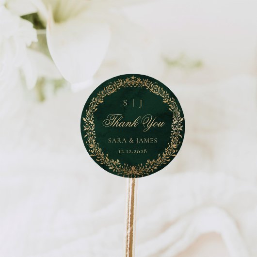 Green Gold Emerald Botanical Wedding Thank you ラウンドシール