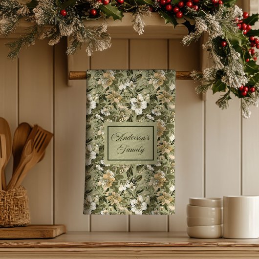 Green Gold Floral Personalized Elegant Towel  キッチンタオル