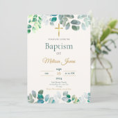 Green Gold Floral Rustic Christening Baptism 招待状 (スタンド正面)