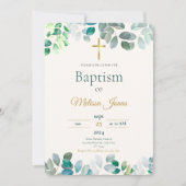 Green Gold Floral Rustic Christening Baptism 招待状 (正面)