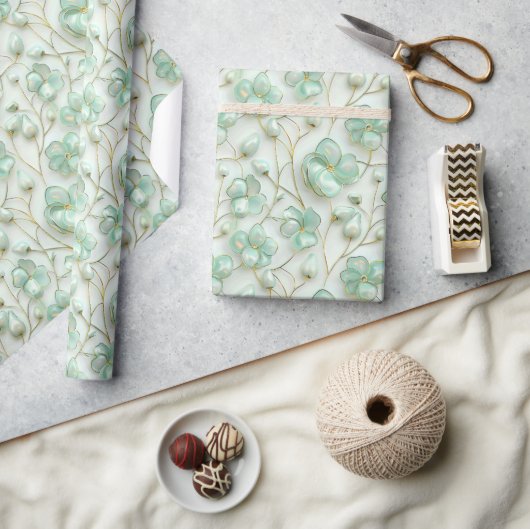 Green Gold Floral Wrapping Paper ラッピングペーパー (クラフト)