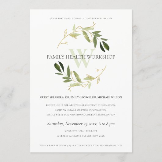 Green Gold Foliage Wreath Workshop Event 招待状 (正面)