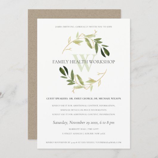 Green Gold Foliage Wreath Workshop Event 招待状 (正面/裏面)