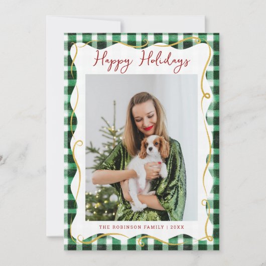 Green Gold Gingham Pattern Christmas 1 Photo シーズンカード (正面)