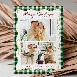 Green Gold Gingham Pattern Merry Christmas 3 Photo シーズンカード