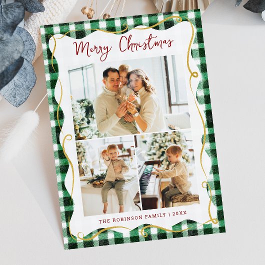 Green Gold Gingham Pattern Merry Christmas 3 Photo シーズンカード
