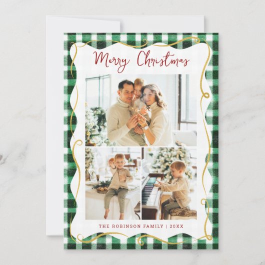 Green Gold Gingham Pattern Merry Christmas 3 Photo シーズンカード (正面)