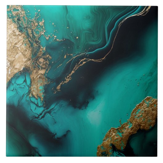 Green Gold Glitter Marbled Agate Ceramic  タイル (正面)