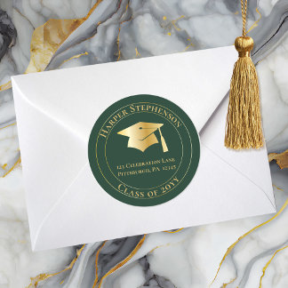 Green Gold Grad Cap Class of 2026 Return Address ラウンドシール