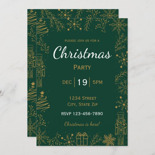 Green & Gold Holiday Invitation | Modern Glam Xmas 招待状 (正面/裏面)