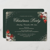 Green Gold Holly Berries Christmas Holiday Party 招待状 (正面/裏面)