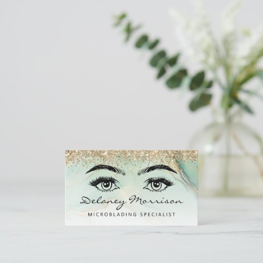 Green Gold Marble Eyes QR Code Microblading 名刺 (スタンド正面)