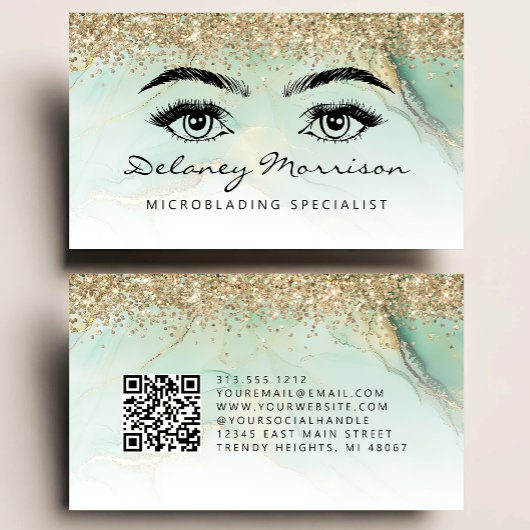 Green Gold Marble Eyes QR Code Microblading 名刺