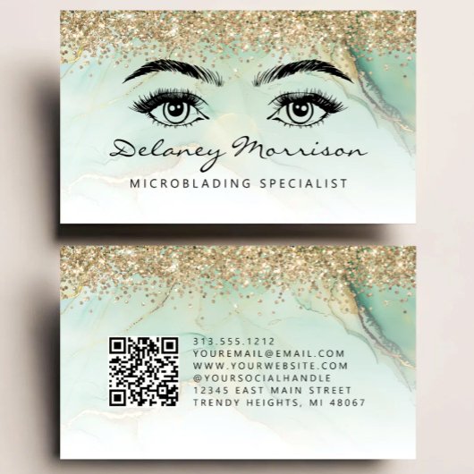 Green Gold Marble Eyes QR Code Microblading 名刺