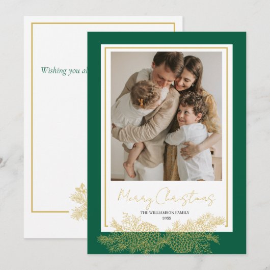 Green Gold Modern Elegant Family Photo Christmas シーズンカード (正面/裏面)