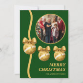 Green & Gold Ornaments Family Christmas Photo シーズンカード (正面)