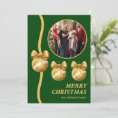 Green & Gold Ornaments Family Christmas Photo シーズンカード (スタンド正面)