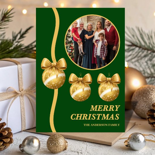 Green & Gold Ornaments Family Christmas Photo シーズンカード