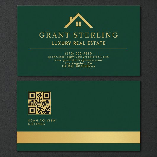 Green Gold QR Code Luxury Real Estate Agent 名刺