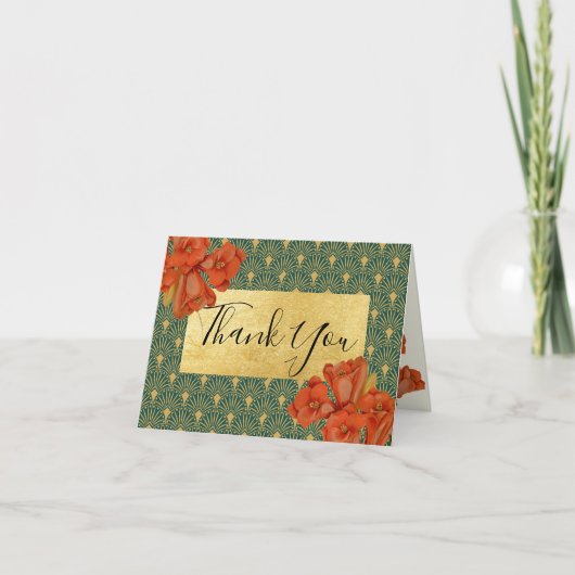 Green & Gold Red Floral Art Deco Thank You Cards サンキューカード (正面)