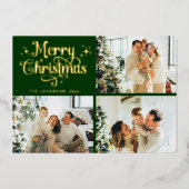 Green & Gold Retro Christmas Family Photo Collage 箔シーズンカード (正面)