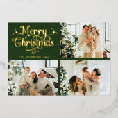 Green & Gold Retro Christmas Family Photo Collage 箔シーズンカード (正面)