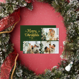 Green & Gold Retro Christmas Family Photo Collage 箔シーズンカード