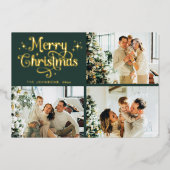 Green & Gold Retro Christmas Family Photo Collage 箔シーズンカード (正面)