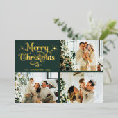 Green & Gold Retro Christmas Family Photo Collage 箔シーズンカード (立ち正面)