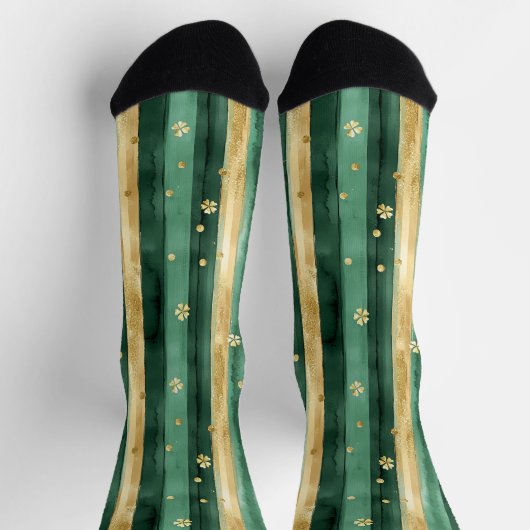 Green Gold Shamrock St. Patrick's Day Stripes ソックス (上部)