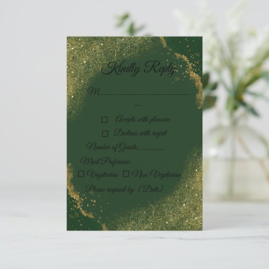 Green & Gold Spark Wedding RSVP Card (スタンド正面)