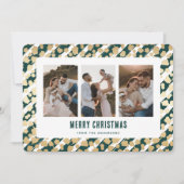 Green Gold Stars 3 Photo Merry Christmas Card シーズンカード (正面)