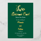 Green & Gold Two Become One Foil Wedding Invitatio 箔招待状 (正面)