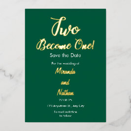 Green & Gold Two Become One Foil Wedding Invitatio 箔招待状