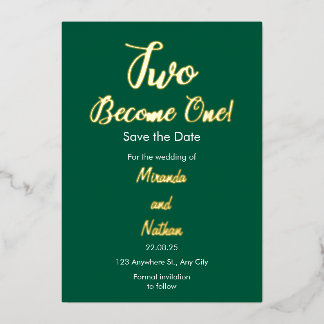 Green & Gold Two Become One Foil Wedding Invitatio 箔招待状