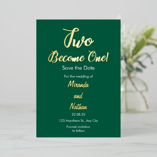 Green & Gold Two Become One Foil Wedding Invitatio 箔招待状 (立ち正面)