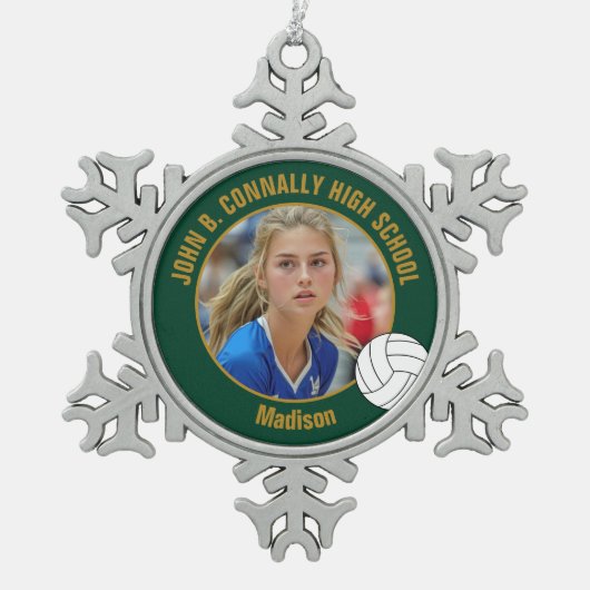 Green Gold Volleyball Player Photo High School スノーフレークピューターオーナメント (正面)