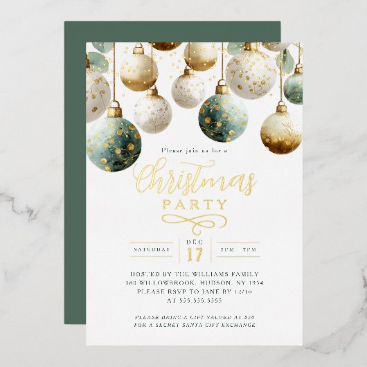 Green Golden Baubles Christmas Party  箔招待状 (正面/裏面)