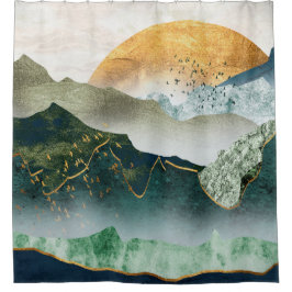 Green Golden Mountains シャワーカーテン