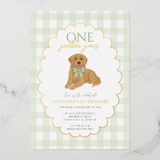 Green Golden Retriever Dog Pawty 1st Birthday 箔招待状 (正面)