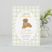 Green Golden Retriever Dog Pawty 1st Birthday 箔招待状 (立ち正面)