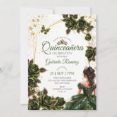 Green Golden Tiara Roses Butterfly Quinceañera 招待状 (正面)