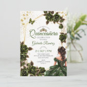 Green Golden Tiara Roses Butterfly Quinceañera 招待状 (スタンド正面)