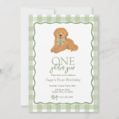 Green Goldendoodle Golden Year First Birthday 招待状 (正面)